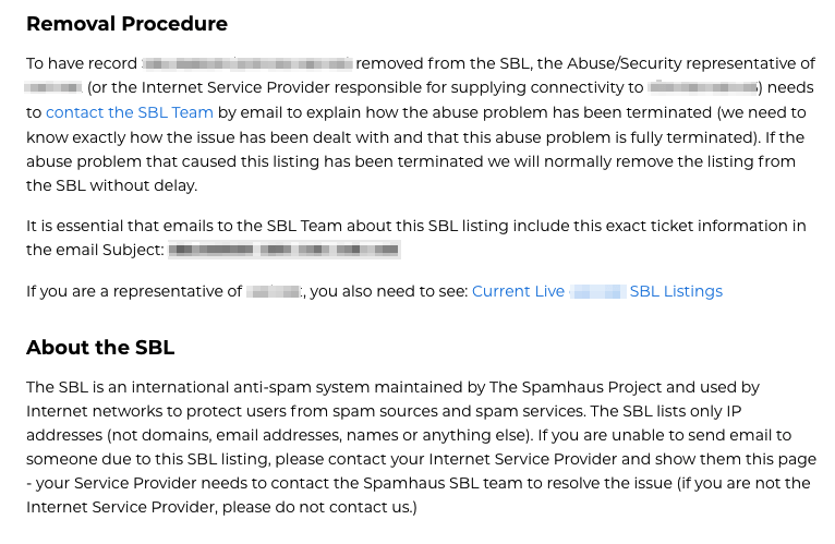Spamhaus blocklist results page, continued.